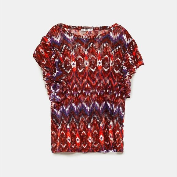 NWT - Zara Printed Lace Top Short Ruffled Sleeves - Picture 6 of 8